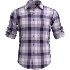 Inserch Button Down Shirt Mens 2XL Purple Plaid 100% Linen Roll Tab Sleeve